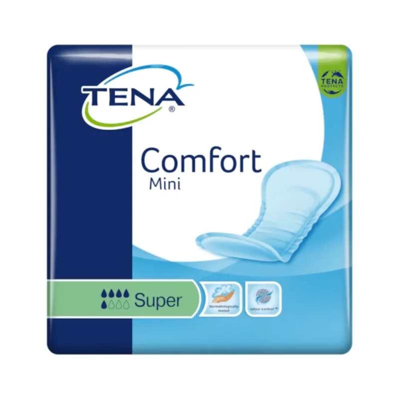 Das Bild zeigt eine Packung TENA Comfort Mini Super Inkontinenzvorlage mit 30 Einlagen, die für Blasenschwäche entwickelt wurden. Die blau-weiße Verpackung zeigt deutlich das TENA-Logo der Essity Germany GmbH und den Produktnamen, zusammen mit einer Abbildung auf der rechten Seite, die die Dry Fast Core-Technologie hervorhebt.