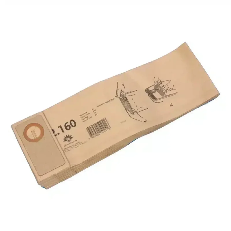 Ein Stapel Papiersack Doppelfilterpapiersäcke von Diversey Deutschland GmbH & Co. OHG mit aufgedruckten Anweisungen und einem Barcode auf dem oberen Sack. Die Säcke mit ihrem einfachen Faltdesign eignen sich ideal zum Verpacken von Gegenständen. Der obere Sack enthält eine Grafik, die einen Faltmechanismus zeigt, der an die Technik des Taski Jet 50 erinnert.