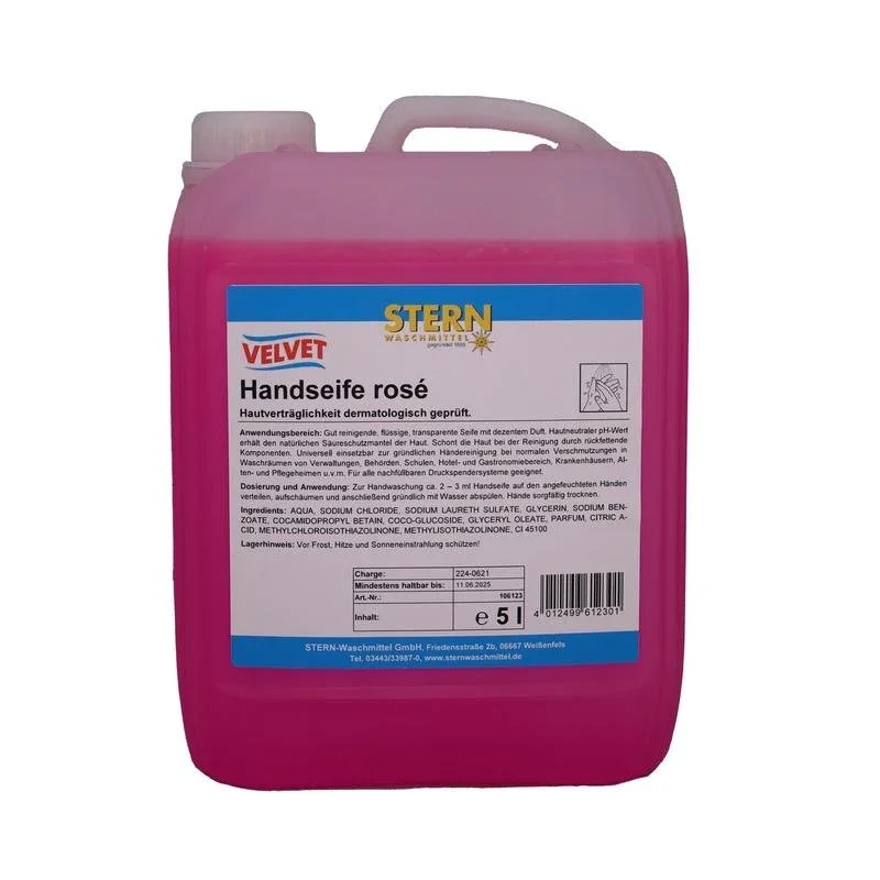 Der 5-Liter-Kunststoffkanister Velvet Handseife rosa der Stern Waschmittel GmbH hat ein rosafarbenes Design, einen weißen Deckel und ein blau-weißes Etikett mit Angaben zu Produkt und Inhaltsstoffen.