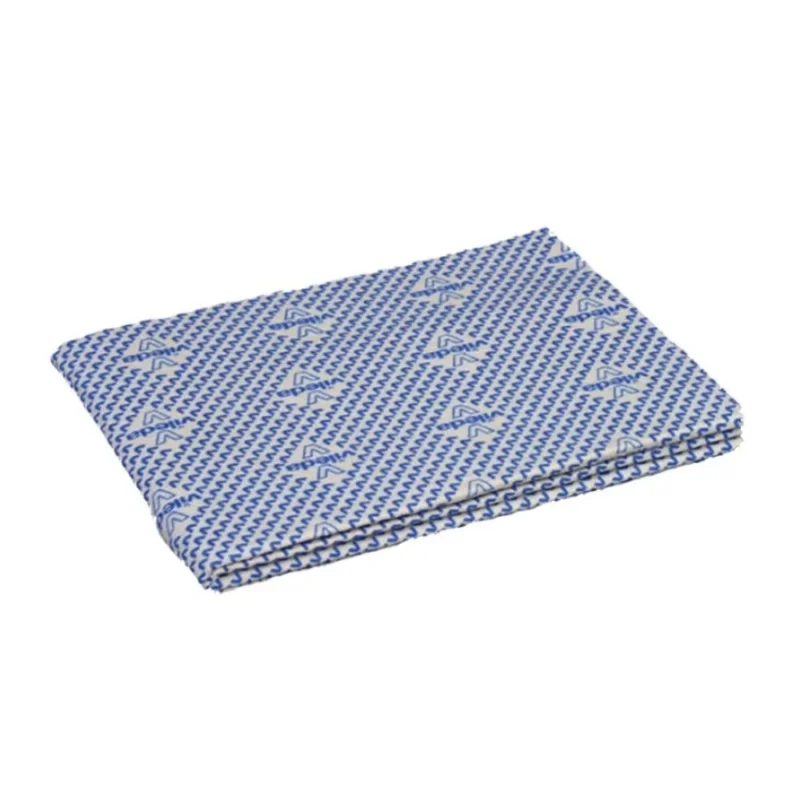 Ein Stück gefalteter Stoff mit einem blauen geometrischen Muster mit kleinen Tierdrucken, das das Design des „Original Floorcloth“ von Vileda Professional widerspiegelt.