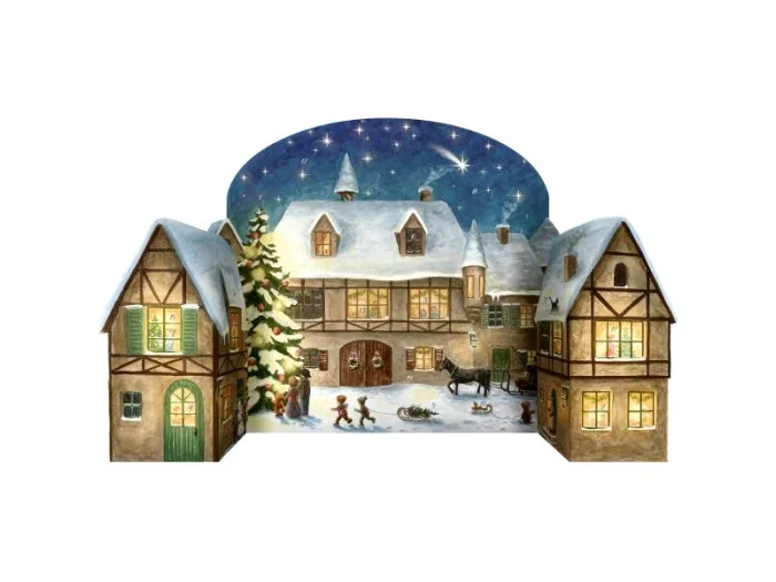 Adventskalender 3D Schneebedeckte Stadt mit Fachwerkhäusern