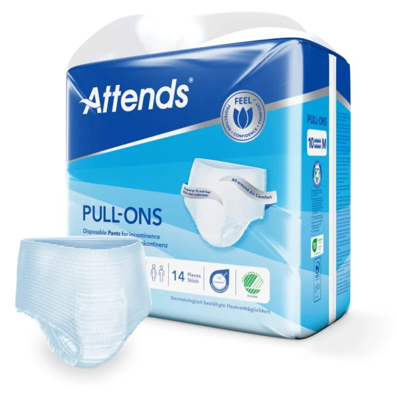Ein Päckchen mit Inkontinenzhosen der Marke Attends liegt auf einem weißen Hintergrund. Die Verpackung ist transparent und zeigt die Produkte darin. Die Hosen sind mittlere Größe und als Pull-On-Varianten gekennzeichnet. Auf der Vorderseite der Verpackung sind ein ansprechendes Design sowie die wichtigsten Produktmerkmale abgebildet, wie zum Beispiel die absorbierenden Eigenschaften. In der oberen Ecke ist das Logo von Attends zu sehen.