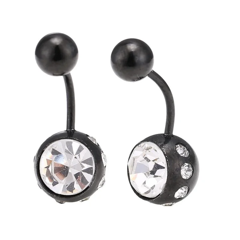 Bauchnabelpiercing schwarz zwei Kugeln Steine weiß Rand kleine Steine Edelstahl - chic - net.de