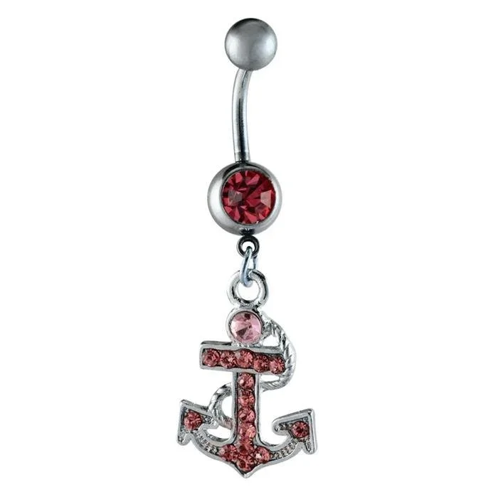 Bauchnabelpiercing silberfarben Anker rosa Dicke Spitzen Zirkonia zwei Kugeln Edelstahl - chic - net.de