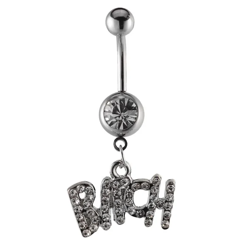 Bauchnabelpiercing silberfarben Bitch Schrift weiß Zirkonia Edelstahl - chic - net.de