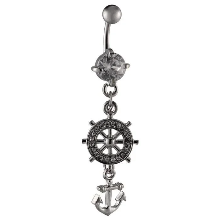Bauchnabelpiercing silberfarben Schiffsruder Anker Zirkonia weiß Edelstahl - chic - net.de