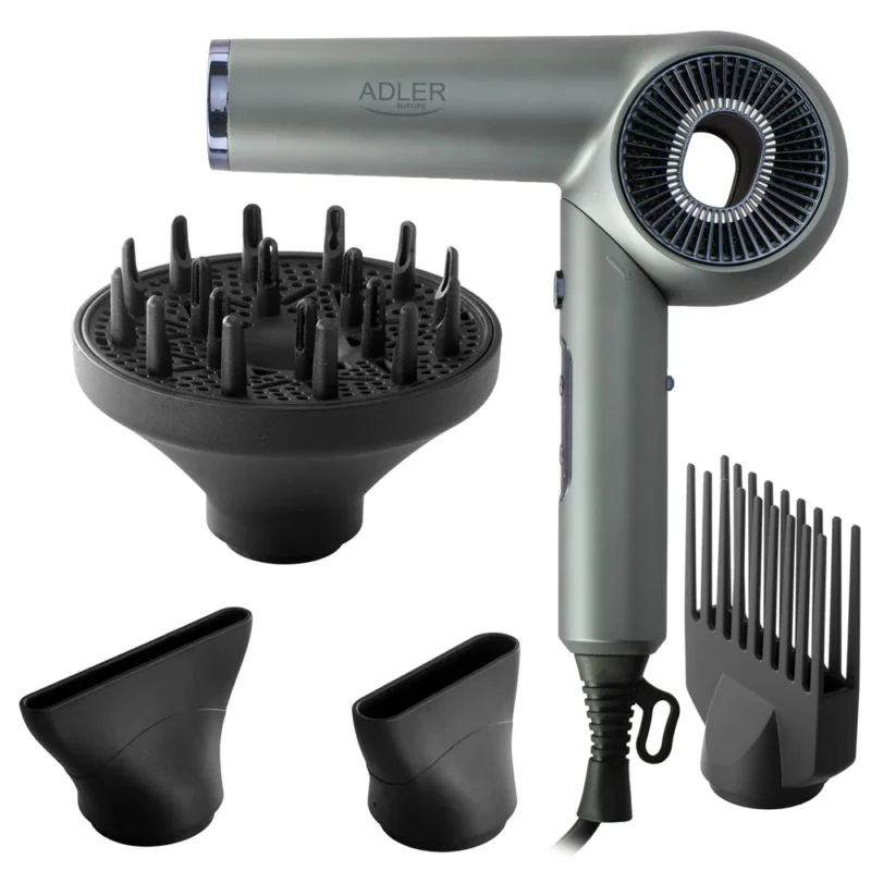 Adler AD 2289 SUPERSPEED Haartrockner mit Ionen-Technologie, 1600W, brushless Motor, 110.000 U/min, 4 Aufsätze, Diffusor, klappbarer Griff, Schwarz