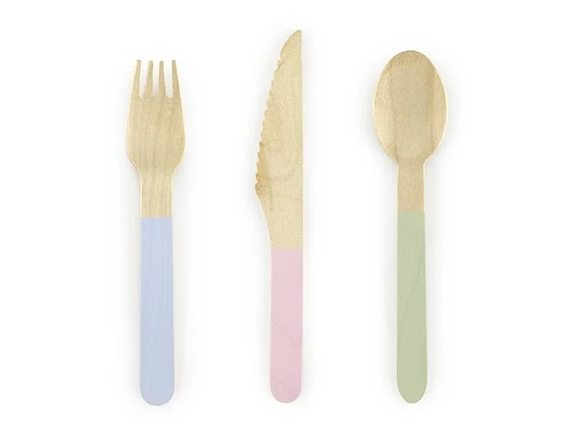 Houten Bestek Gekleurd Pastel 16cm 18 delig van Partydeco koop je bij Partywinkel