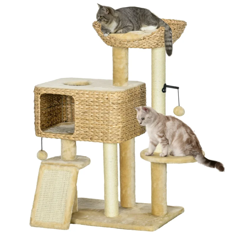 easycomfort easycomfort albero tiragraffi per gatti con casetta trespolo e pallina in legno e poliestere 60x40x98 cm marrone e beige
