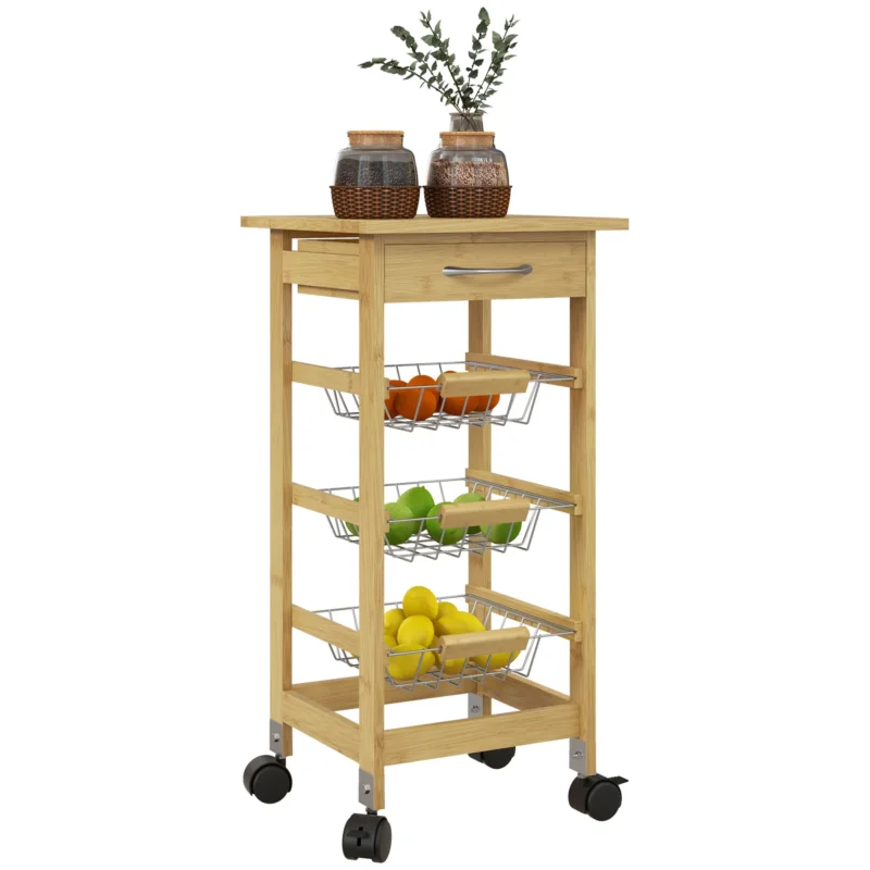 easycomfort easycomfort carrello cucina con ruote cassetto e 3 cestini a rete metallica 37x37x76cm colore legno