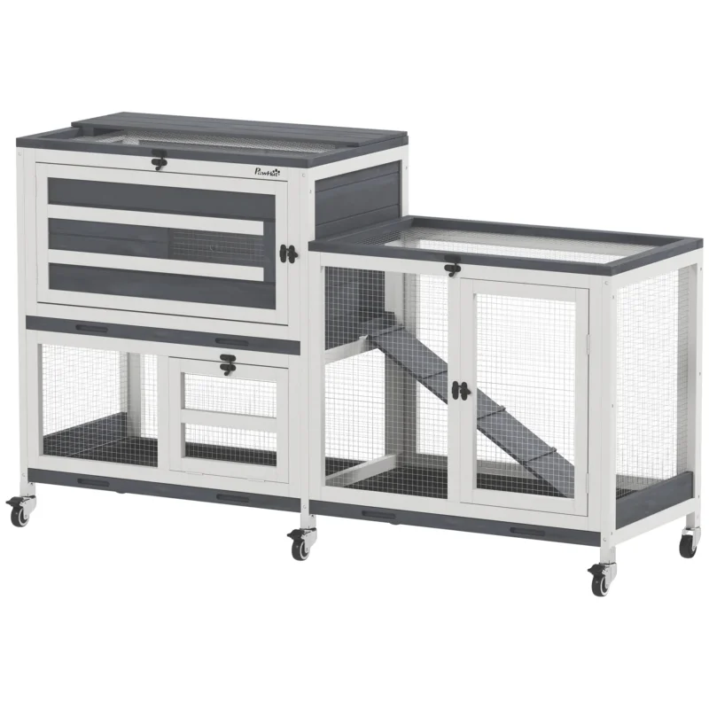 easycomfort easycomfort conigliera a 2 livelli con rampa e 3 vassoi in legno di abete e acciaio 147x45x89 5 cm grigio e bianco