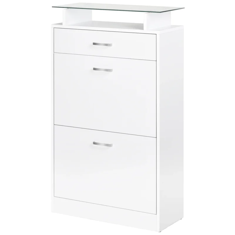easycomfort easycomfort mobile scarpiera in legno con 2 ante a 2 livelli cassetto e ripiano in vetro 60x24x105 5 cm bianco