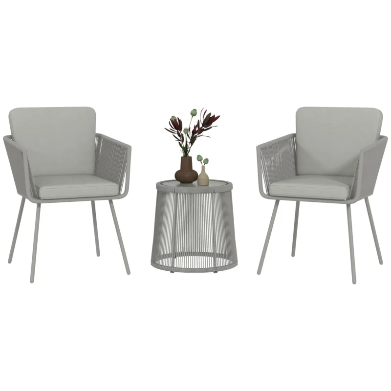 easycomfort easycomfort set da esterno con tavolino in vetro e 2 sedie da giardino in rattan stile boho grigio chiaro