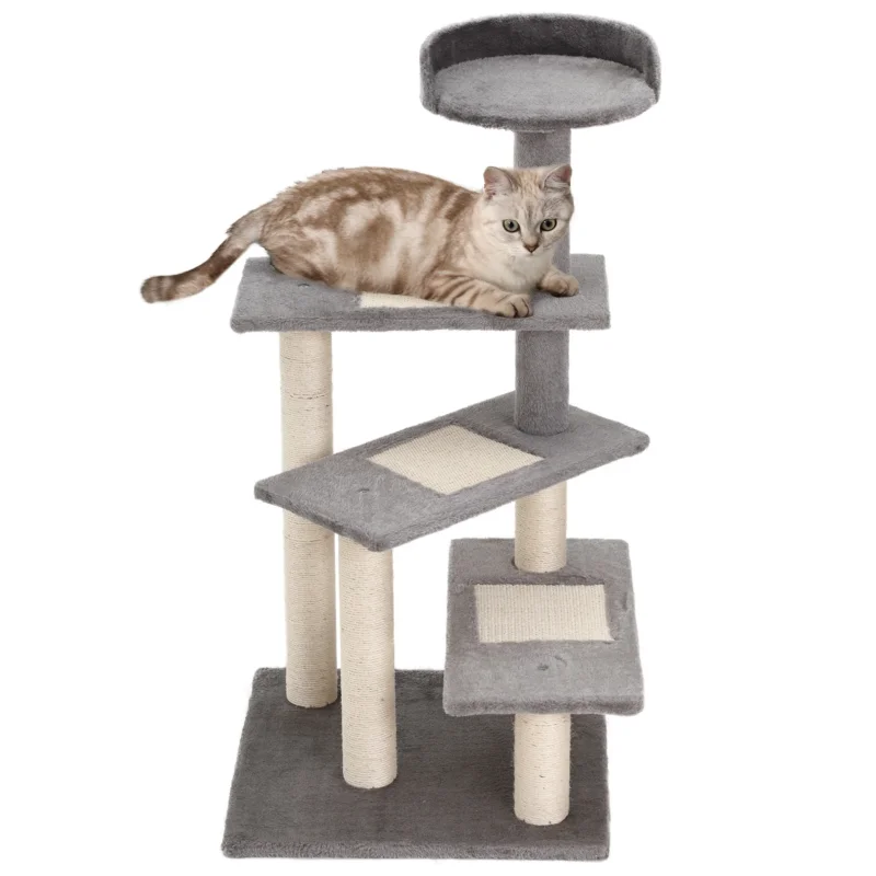 easycomfort easycomfort tiragraffi per gatti da 100cm con lettino rotondo pali in sisal e rivestimento in peluche grigio