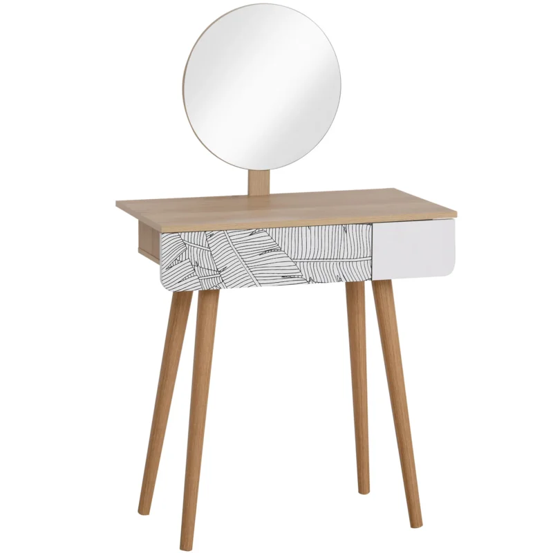 easycomfort easycomfort toeletta tavolo da trucco con specchio circolare 39cm consolle trucco con cassetto con decorazione jungle bianco e rovere 70x39x119 128cm ean 8054144134673