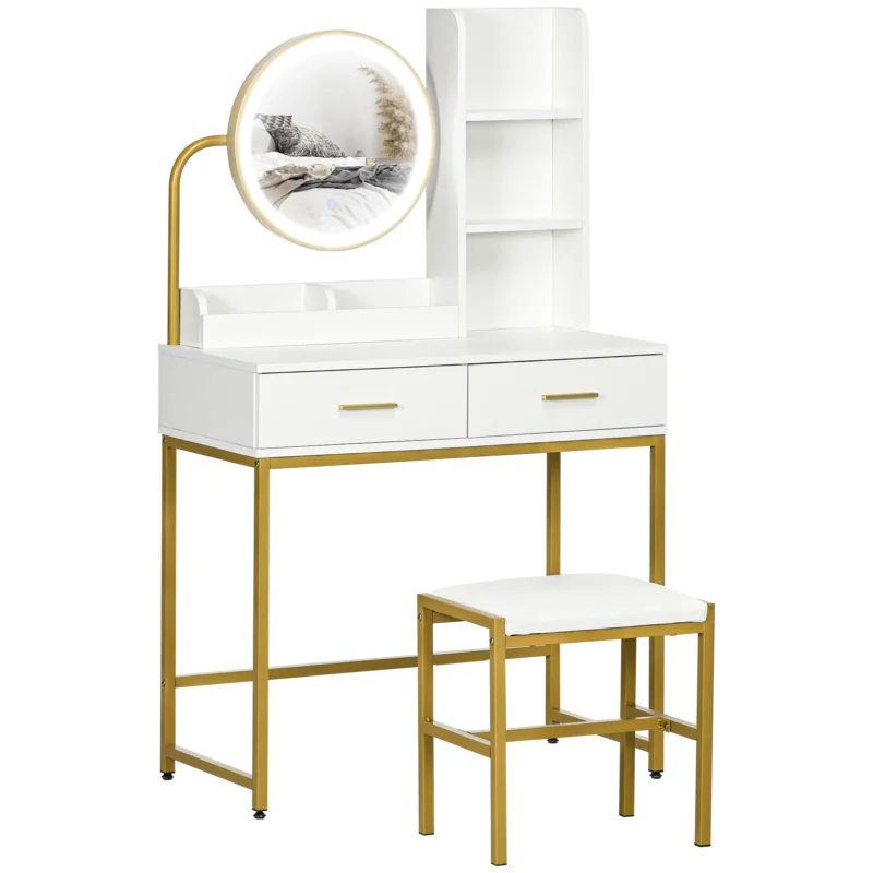 easycomfort easycomfort toeletta tavolo trucco con specchio illuminato a led e sgabello cassetti e ripiani bianco