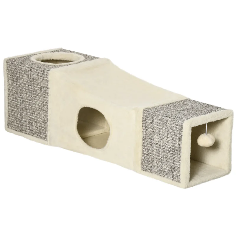 easycomfort easycomfort tunnel per gatti pieghevole con casette tiragraffi e pallina in peluche e sisal crema