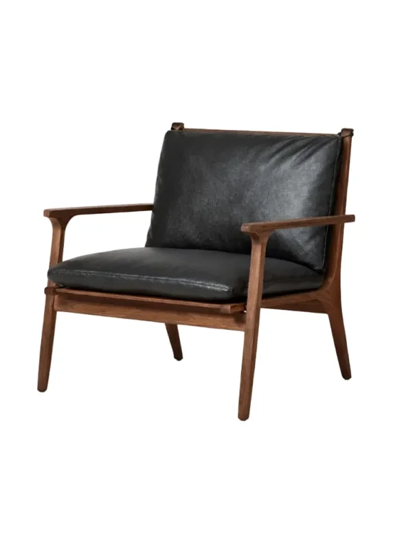 Rén Lounge-Sessel, large, Walnuss, Kissen m. schwarzem Leder