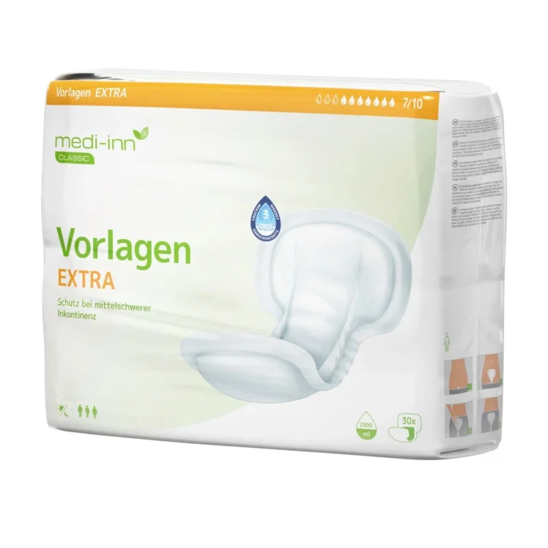 Verpackung der "medi-inn Classic Vorlagen EXTRA", Inkontinenzvorlagen für mittelschwere Inkontinenz. Die Verpackung ist weiß mit grünen und orangenen Elementen. Abgebildet ist eine Vorlage, daneben Symbole und Informationen zur Saugfähigkeit (2300 ml) und Stückzahl (30 Stück).