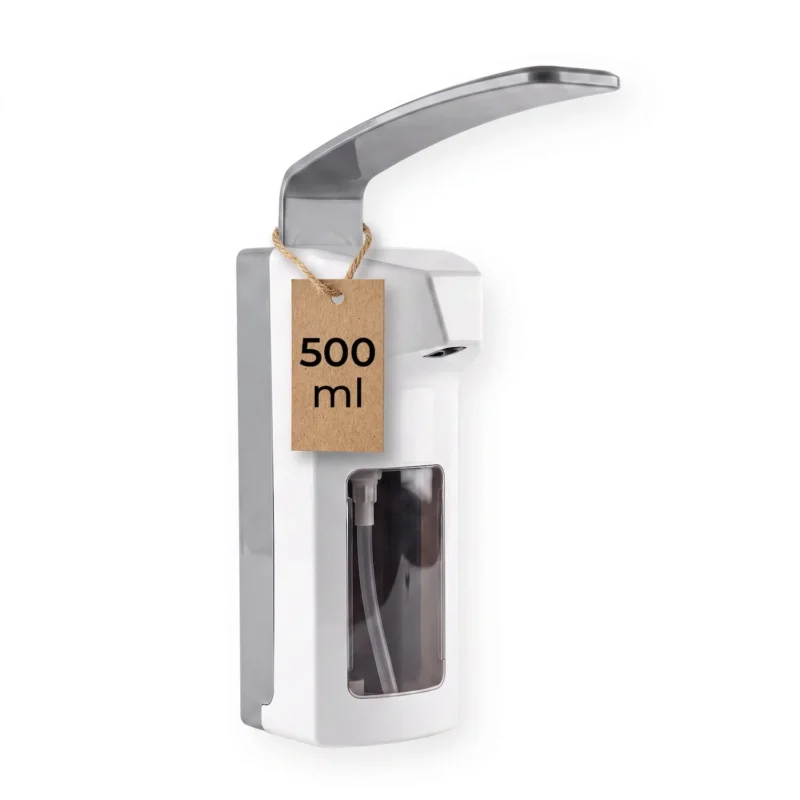 Seitliche Ansicht eines Medi-Inn Wandspenders Kunststoff mit Langarmhebel 500 ml.