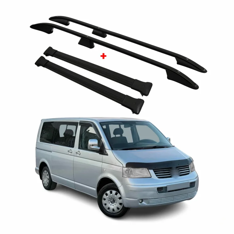 Dachreling + Dachträger für VW T5 T6 T6.1 Transporter L1 Kurzer Alu Schwarz 4x