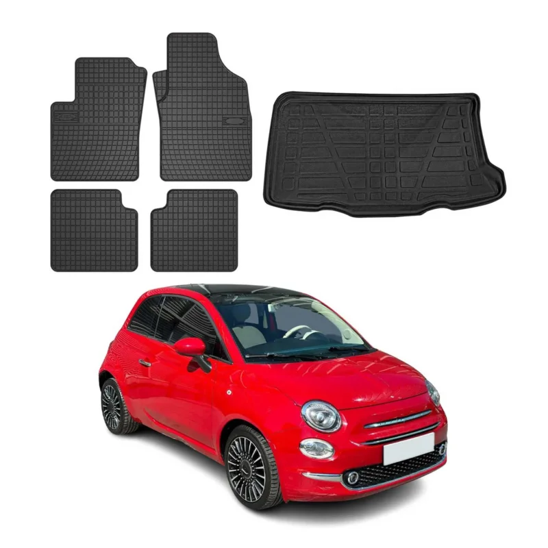 Fußmatten & Kofferraumwanne Set für Fiat 500 2012-2026 Gummi TPE Schwarz 5x