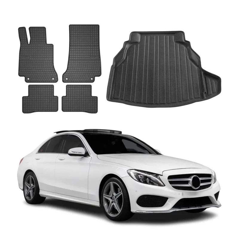 Fußmatten & Kofferraumwanne Set für Mercedes C Klasse W205 2014-2021 Gummi 5x