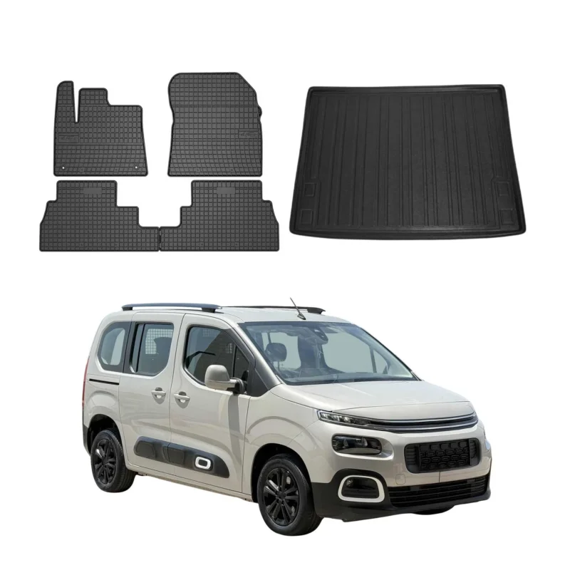 Fußmatten & Kofferraumwanne Set für Citroen Berlingo 2018-2026 Gummi Schwarz 5x