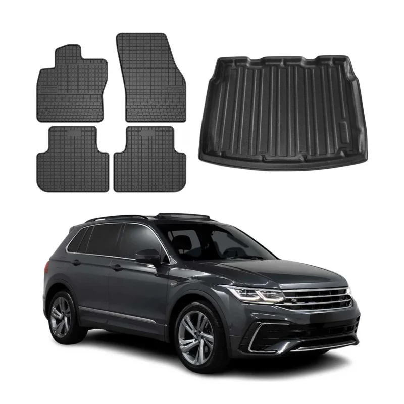 Fußmatten & Kofferraumwanne Set für VW Tiguan 2016-2024 Untere Schwarz Gummi 5x