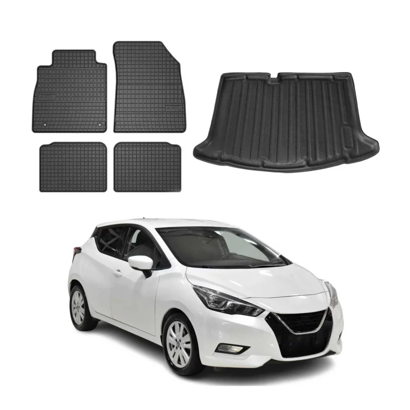 Fußmatten & Kofferraumwanne Set für Nissan Micra K14 2017-2023 Gummi Schwarz 5x