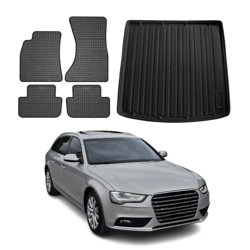 Fußmatten & Kofferraumwanne Set für Audi A4 Avant 8K5 B8 2007-2015 Gummi Schwarz