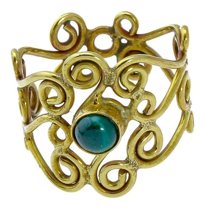 Messing Ringe breit Onyxstein grün Spirale verschnörkelt antik golden nickelfrei Tribal Steinringe - chic - net.de