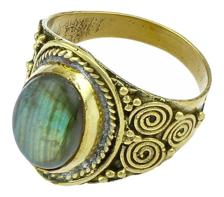 Messing Ringe Labradorit oval Bögen Seile breit grün antik golden nickelfrei Tribal Schmuck Stein - chic - net.de