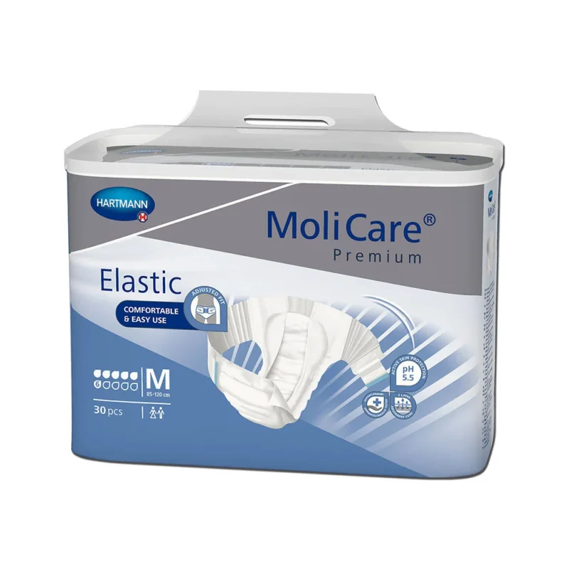 Ein Pack mit Molicare Premium Elastic 6 Taps, bestehend aus 30 Stück für Erwachsene mit einem Hüftumfang von 85-120 cm. Die Taps sind in einem blauen und weißen Design gehalten und in einer auffälligen, leicht erkennbaren Verpackung mit dem Molicare-Logo auf der Vorderseite dargestellt. Die Abbildung zeigt die Vorderseite der Verpackung, die durch eine klare Beschriftung und ansprechende Grafiken hervorhebt, dass es sich um ein hochwertiges, elastisches Produkt handelt, das Komfort und Sicherheit bietet.