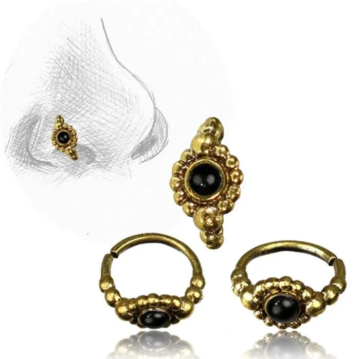 Nostril Piercing Nasenringe Brass antik golden Kugelblume Onyx 1 cm/0,8 mm - chic - net.de