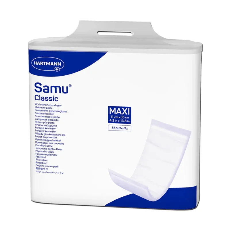 Frontalansicht einer Packung Samu Classic Maxi Inkontinenzvorlagen.