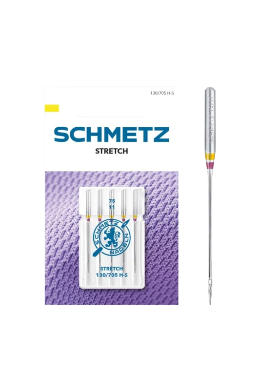 Schmetz Stretch-Nadel Stärke 75 / System 130 / 705 H-S in vollständiger Frontansicht der Verpackung mit freigestellter Euroloch-Aussparung