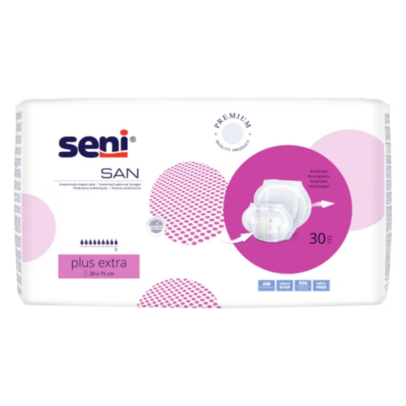 Weißes Produktbild von einem 30er-Pack Seni San Plus Inkontinenzvorlagen. Der Pack ist an der Vorderseite transparent, sodass einige der Vorlagen sichtbar sind. Jede Vorlage ist in einem typischen rechteckigen Format und zeigt eine strukturierte Oberfläche. Das Design ist schlicht und funktional, mit dezenten blauen und grünen Akzenten. Oben auf der Verpackung ist der Markenname "Seni" sowie "San Plus" deutlich zu sehen.