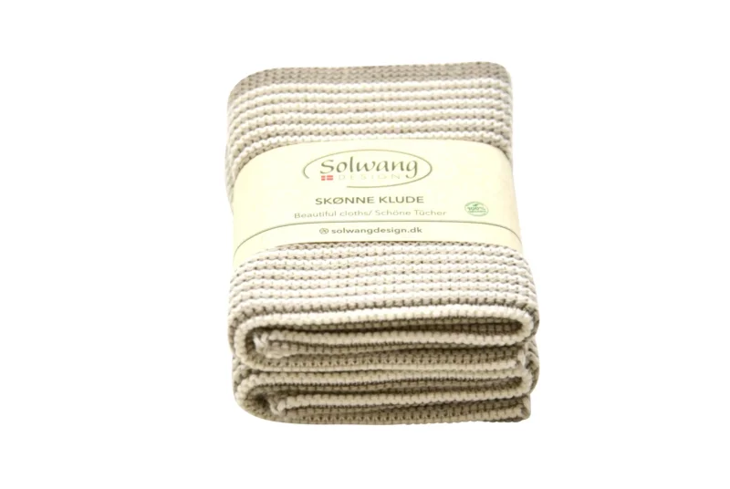 SOL-0213 - Solwang '2 Stück gestrickte Baumwolle Wischtücher mit Natur/Khaki Streifen, 25x25cm'