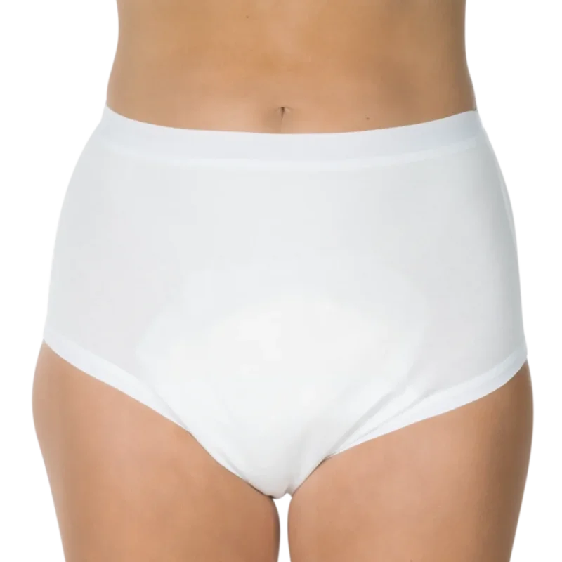 Weißer Inkontinenzslip von Suprima, Modell Bodyguard 2. Die Slips sind in der Größe 36-38 erhältlich und zeichnen sich durch einen hohen Tragekomfort und eine diskrete Optik aus. Der Stoff ist atmungsaktiv und hautfreundlich, ideal für den täglichen Gebrauch. Der Slip hat einen elastischen Bund und Beinabschlüsse, die eine optimale Passform gewährleisten.