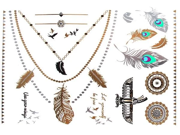 Tattoo golden silbern temporär Motivbogen Klebetattoos bunt Vögel Federn Schmuck Tattoos - chic - net.de