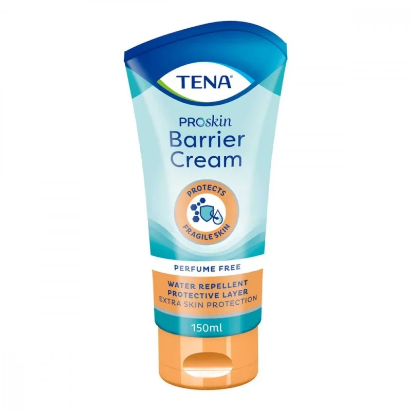 Bild einer Tube TENA Barrier Cream, einer Hautschutzcreme, die in der Pflege von sensibler Haut eingesetzt wird. Die Tube ist überwiegend in einer weißen Farbe gehalten mit einem grün-blauen Deckel. Auf der Vorderseite ist das TENA-Logo abgedruckt und die Bezeichnung „Barrier Cream“ deutlich sichtbar. Die Tube enthält 200 ml des Produkts und betont die Eigenschaften zum Schutz der Haut. Der Hintergrund ist neutral und hebt das Produkt hervor.
