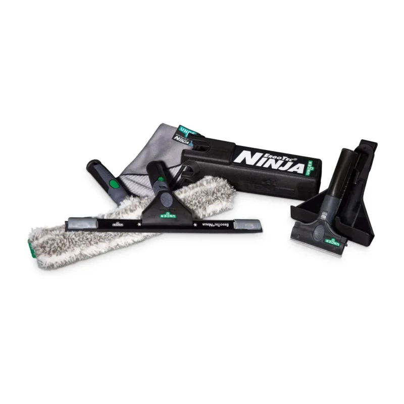 Ungern ergotec ninja 6in1 fensterreinigungsset mit schwarz-grünen exotec werkzeugen und grauen mikrofaserabziehern